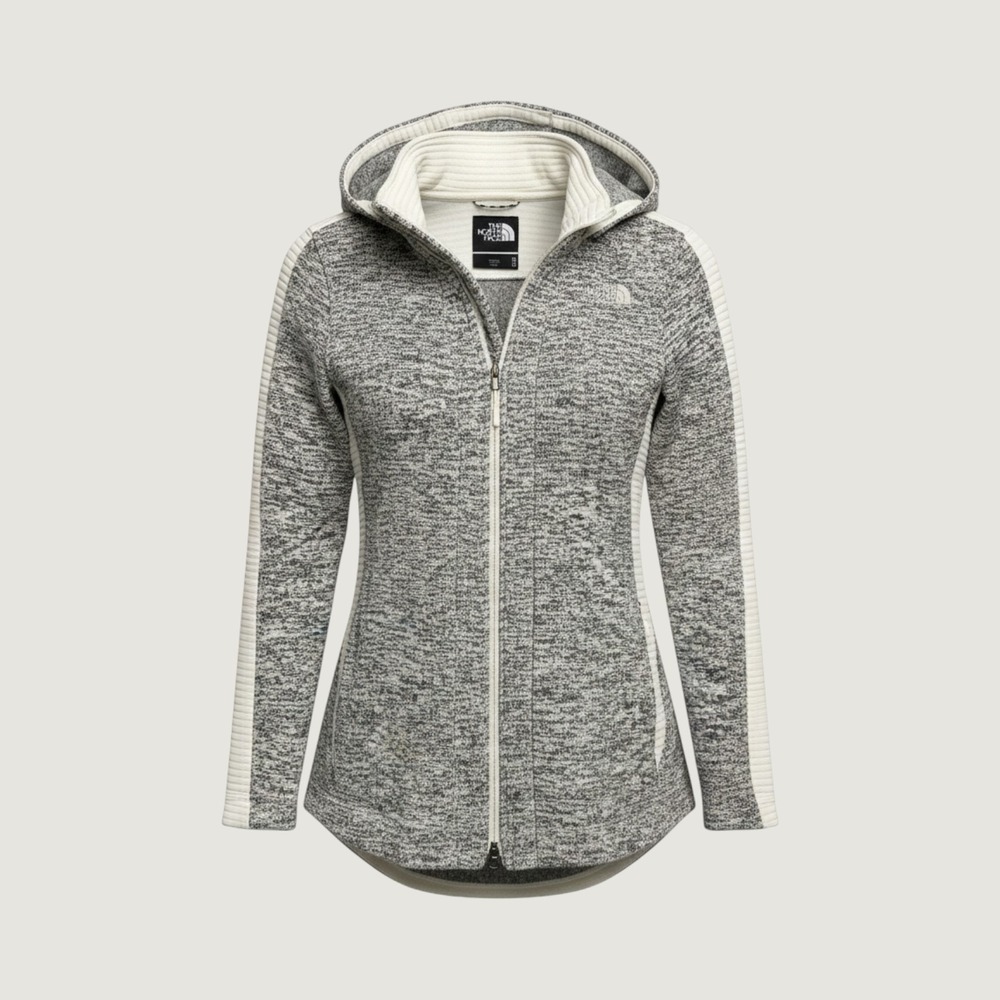 The North Face Indi Hooded Fleece Jacket Womens Med Marled Grey Ribbed Full Zip